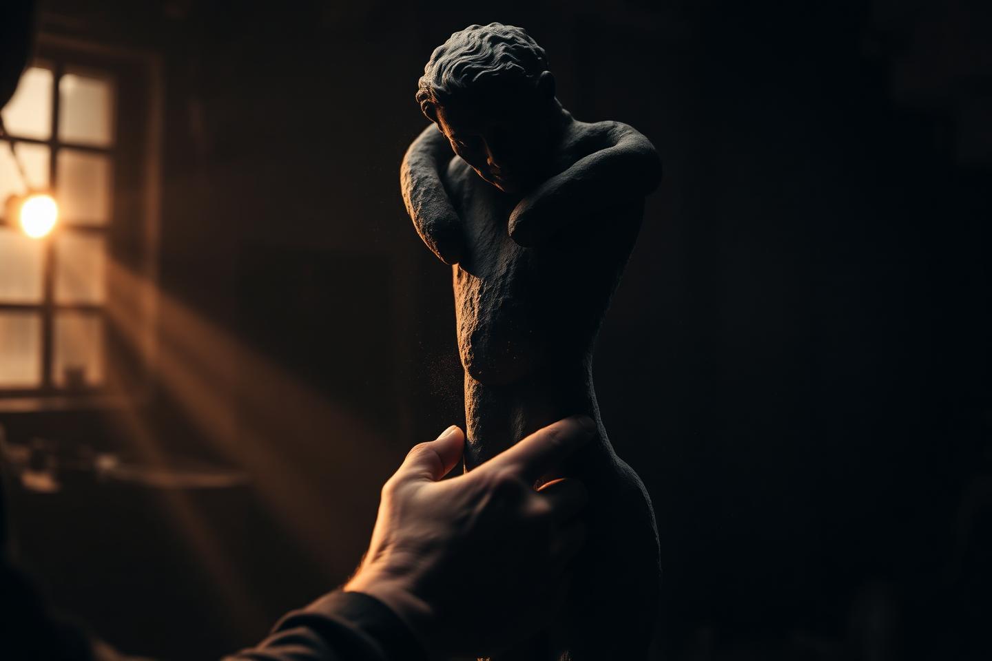 Sculptor finishing a dark stone work in a dim atelier