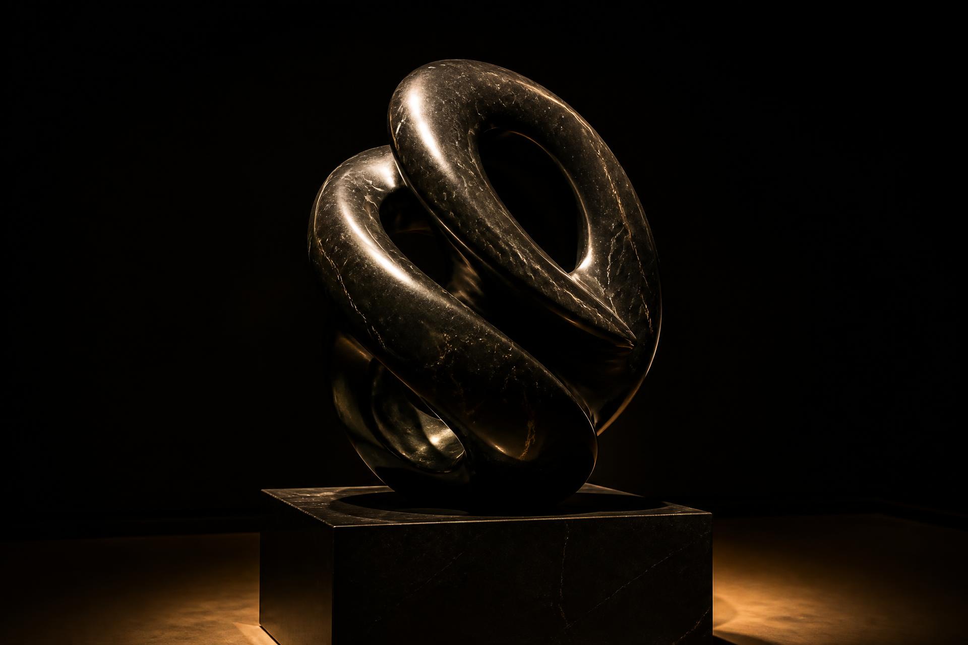 Polished black marble sculpture lit by a single golden spotlight